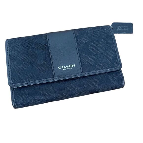 COACH Signature C Black Logo Jacquard Leather TRIFOLD Wallet Change Purse Canvas - Picture 1 of 9